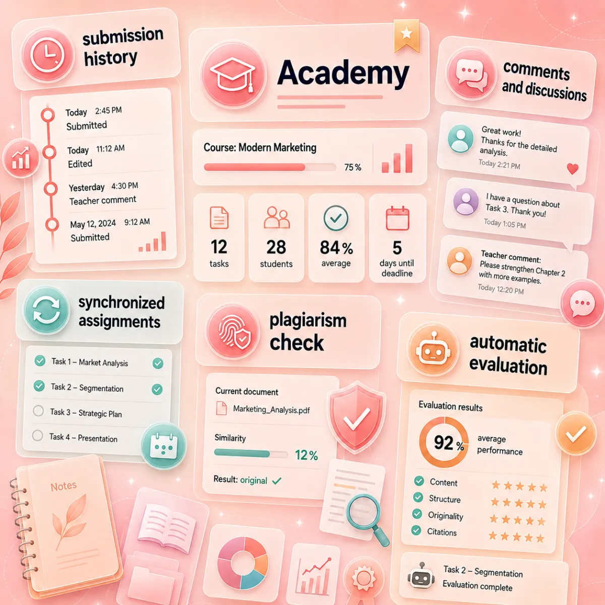 Cards of the Academy: submission history, synchronized assignments, comments and discussions, plagiarism checks and automated grading