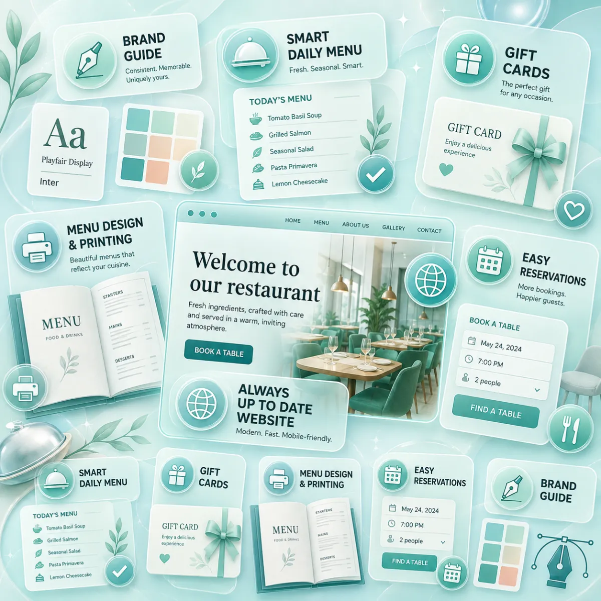 Cards of restaurant services: brand manual, smart daily menu, gift cards, menu typesetting and printing, an always current website and easy reservations