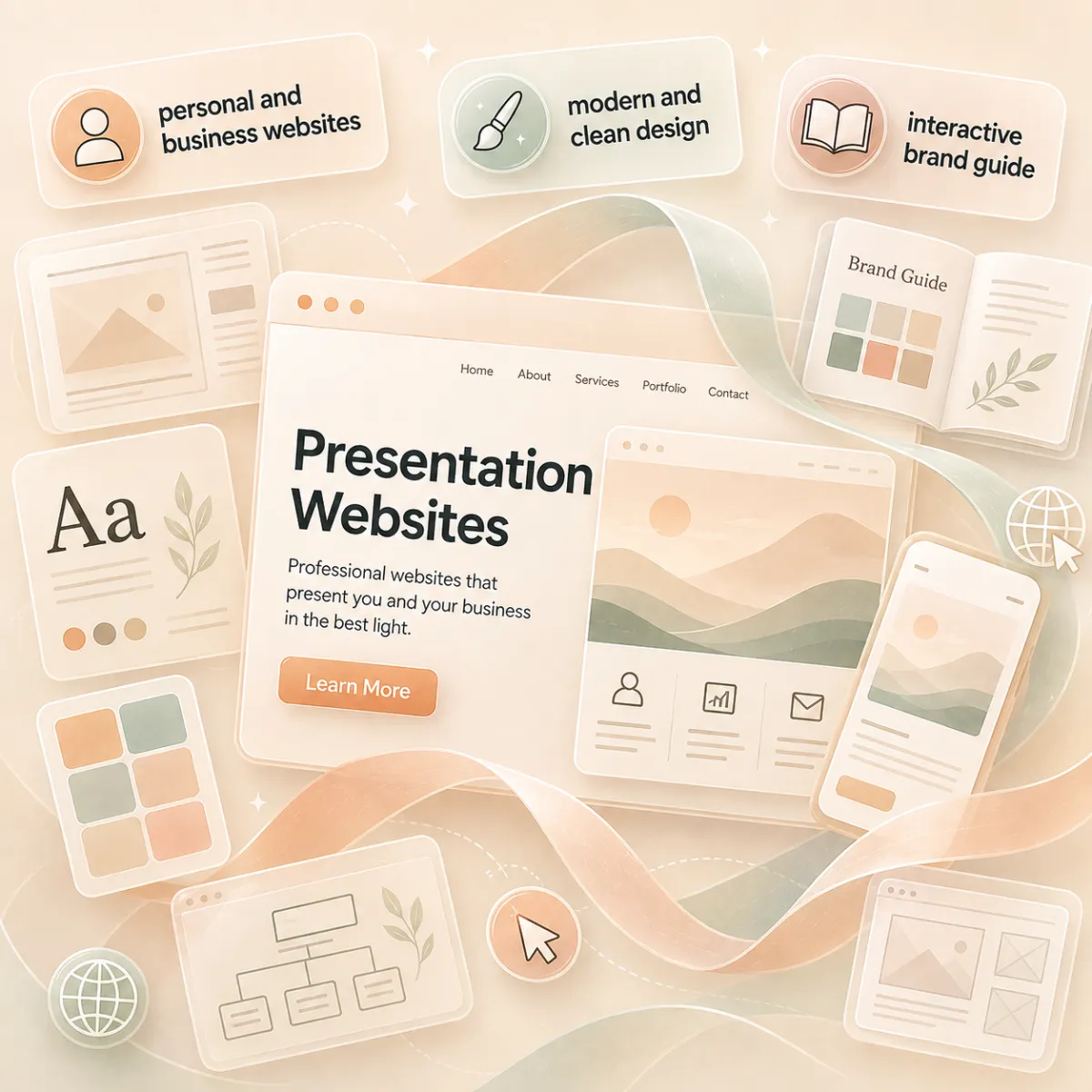 Cards of marketing websites: personal and company sites, clean modern design and an interactive brand manual