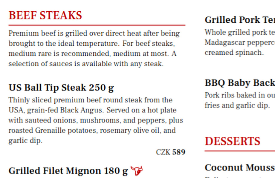 Close-up of the typeset standing menu at Steakbar